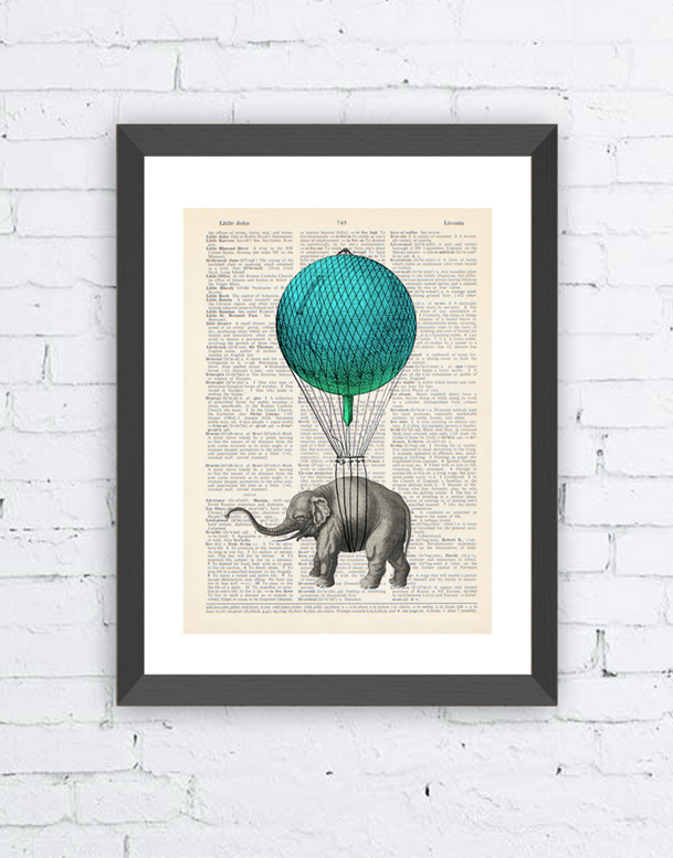 Cuadro hoja antigua Elephant Balloon, Tamaños 31X38cm y 24.5X30.5cm